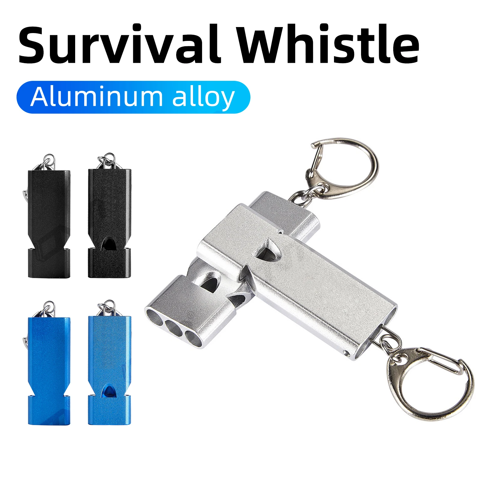 صفارة أمان البقاء على قيد الحياة 140 ديسيبل بصوت عال من سبائك الألومنيوم أنبوب ثلاثي للإنقاذ في الهواء الطلق سلسلة مفاتيح للتخييم في حالات الطوارئ