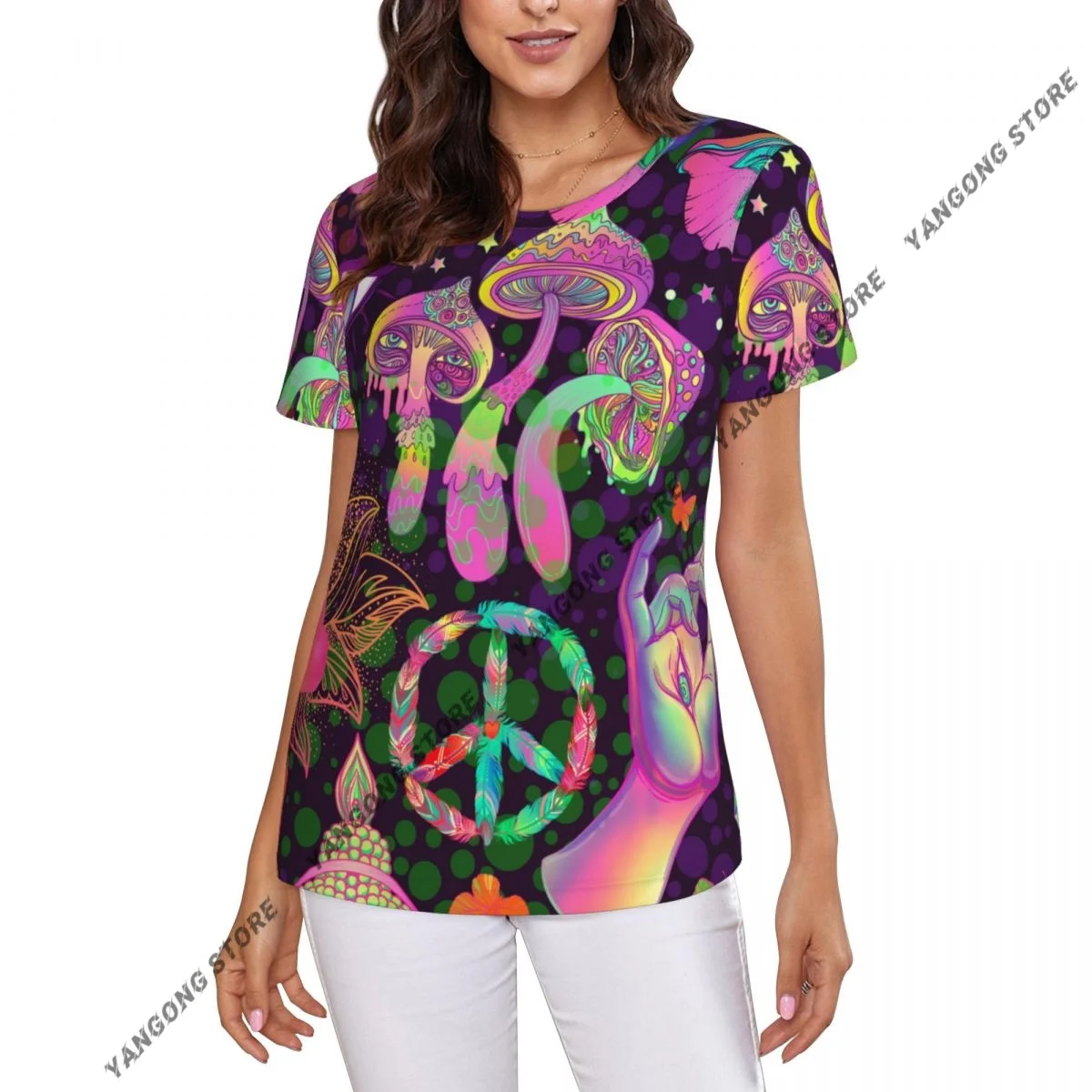 

Women's T-shirt Trippy Mushrooms Peace Sign Butterflies Tshirt Women Casual O-Neck Short Sleeve Tops Tees Clothing