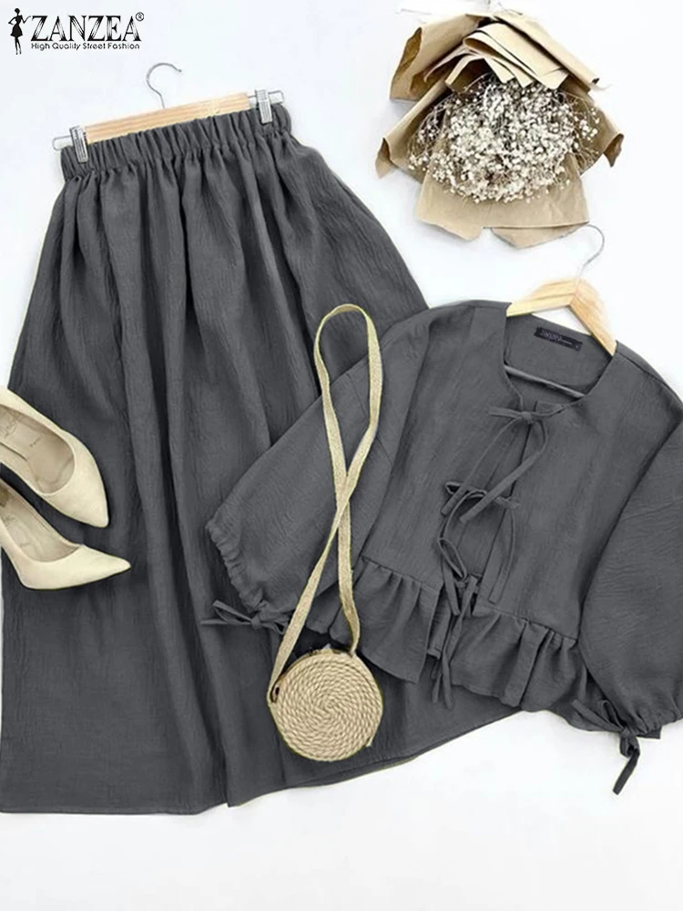 

Fashion 3/4 Sleeve Bandage Tops Outfits ZANZEA Women Solid Dress Sets Casual Loose Matching Suit Holiday 2025 Midi Skirt Suits
