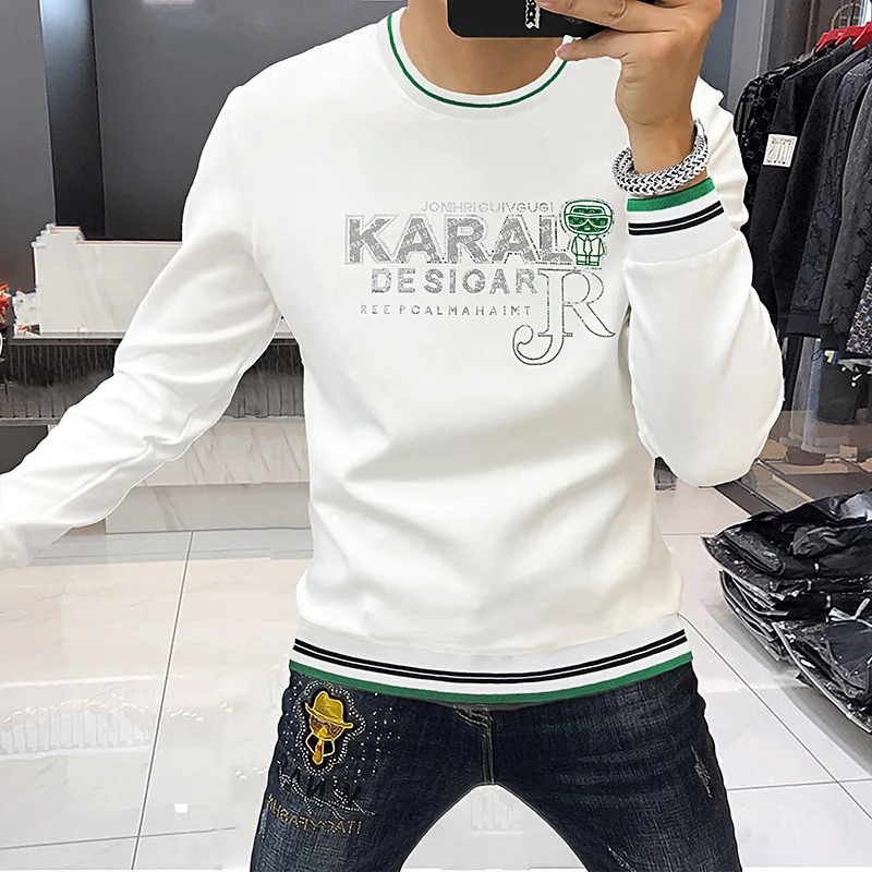 

Autumn Mens Sweatshirt Outerwear European American Style Long Sleeved Crew Neck Rhinestone Letters Light Luxury Trendy Top Young