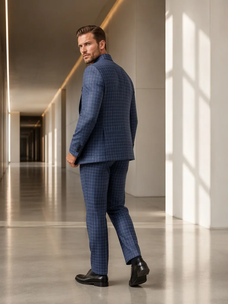 Men's Plaid 2 Piece Suit Stand Collar Asymmetric Double Breasted Slim Casual Business Wedding Blazer Pants Formal Party Outfit