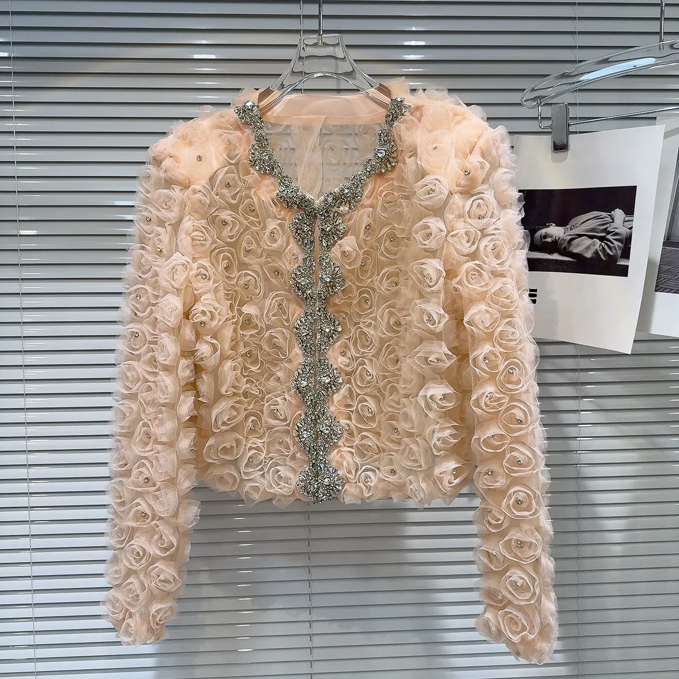 Spring Autumn Fashion Diamond Studded Mesh Tops Female Solid Color Long Sleeves 3D Flower Coat Tops Women