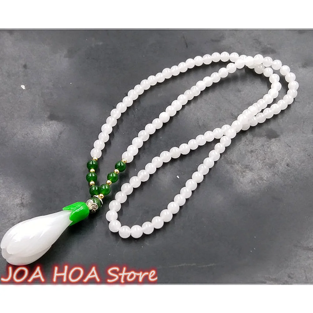 

Xinjiang Natural Hetian White Magnolia Flower Pendant Sweater Chain Golden Silk Jade Necklace Exquisite Jewelry