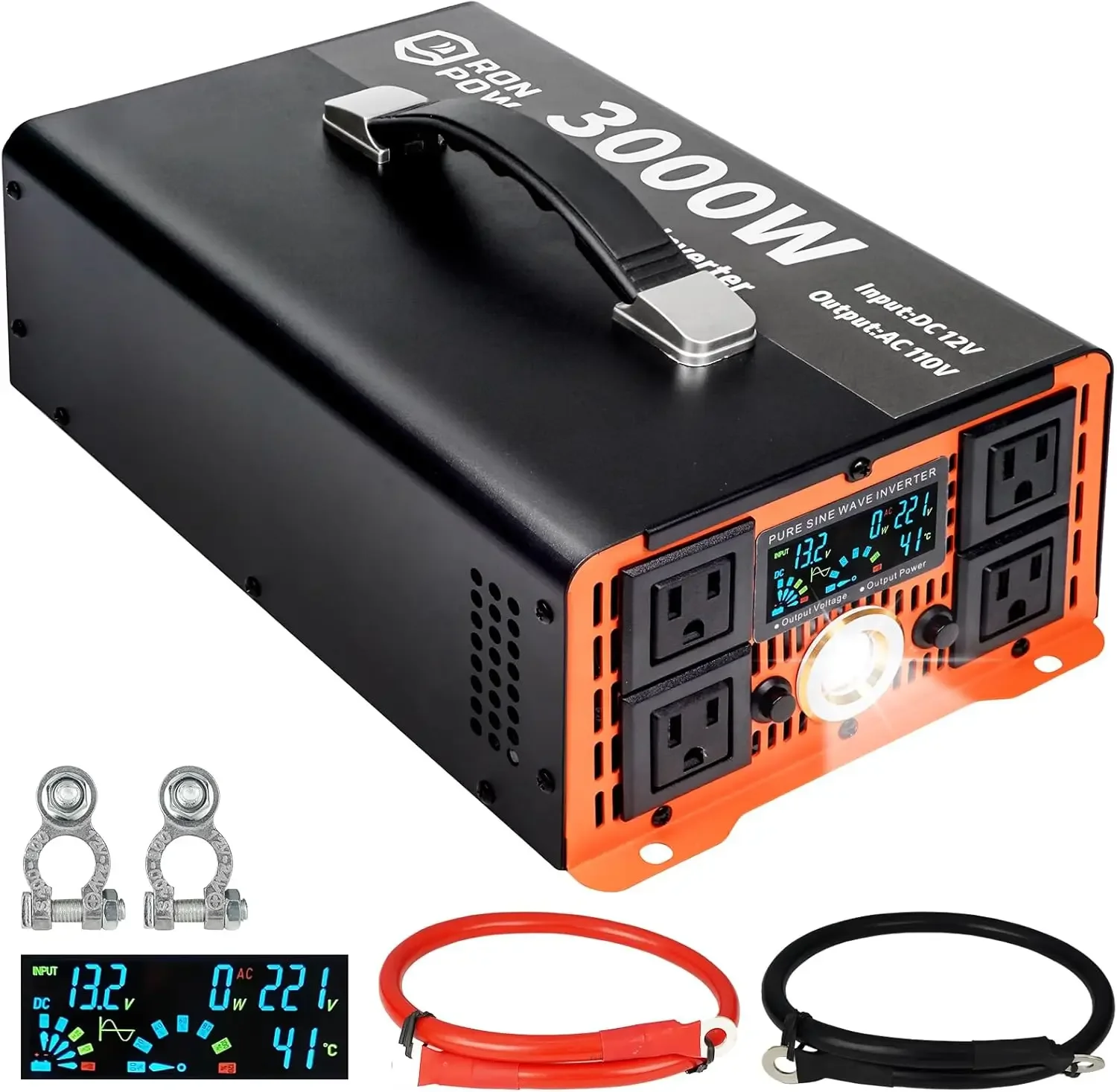 

3000 Watt Pure Sine Wave Inverter 12V DC to 110V AC Converter with Light Handle and Display Amorphous 3000 Watt Inverter