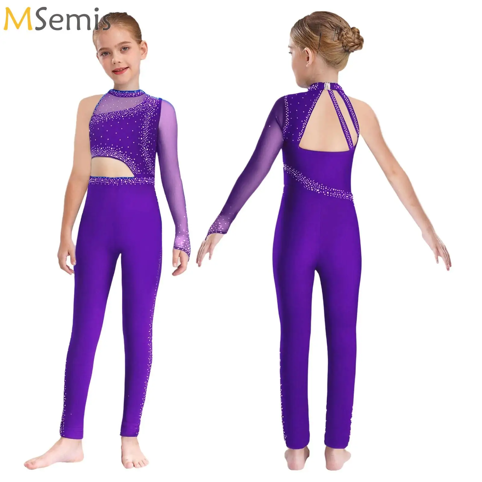 

Kids Girls Shiny Rhinestones Gymnastics Jersey Figure Skating Full Bodysuit Jumpsuit for Acrobatics Yoga Ballet Class Dancewear