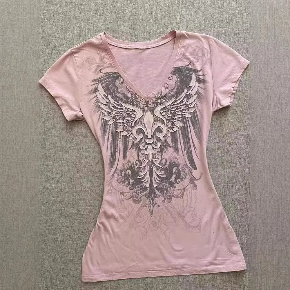 

Korean Short Sleeve Cotton Women's T-shirt Y2k Gothic Vintage Street Hottie V-Neck T-Shirt Summer Slim Fit Printed Music T-Shirt
