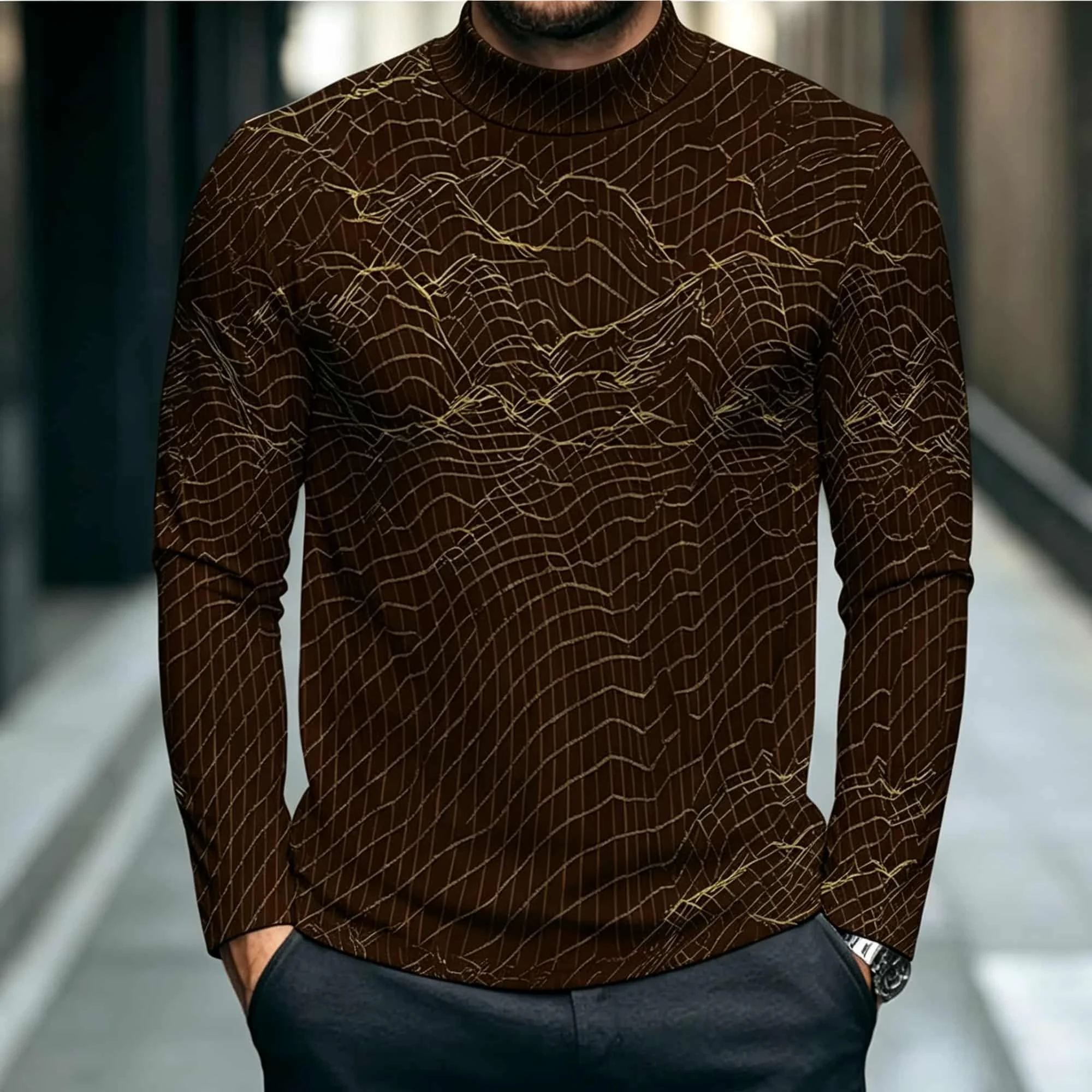 Men's Mock Neck Long Sleeve T Shirt Brown All Over Mountain Line Print Pullover Minimalist Casual Premium Top