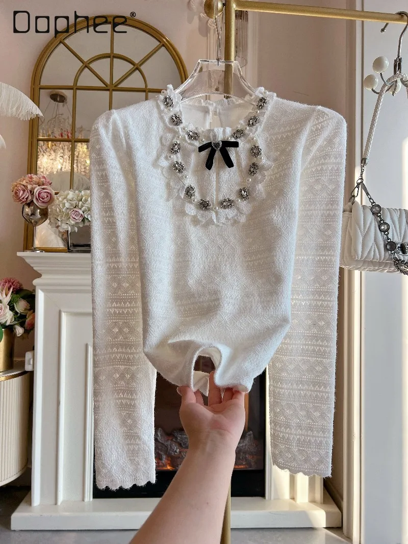 

Изысканные кружевные блузки женские 2026 Весна Новинка во французском стиле «Социэт» Элегантная свободная приталенная рубашка с длинным рукавом на флисовой подкладке