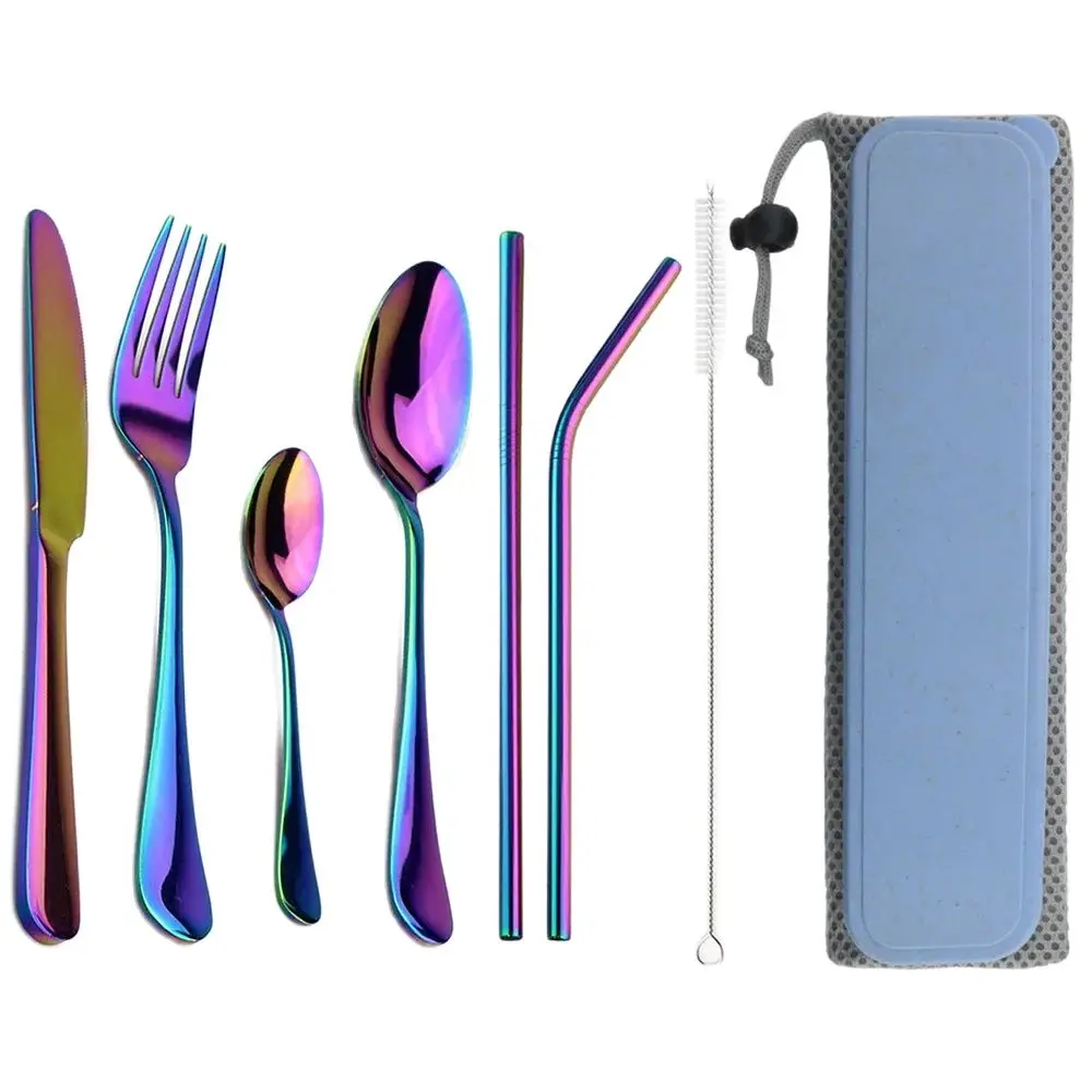 Portable Dinnerware Set Knife Fork Spoon Metal Straw Cutlery Set Tableware With Box Bag For Travel Hiking Picnic Dinner Set