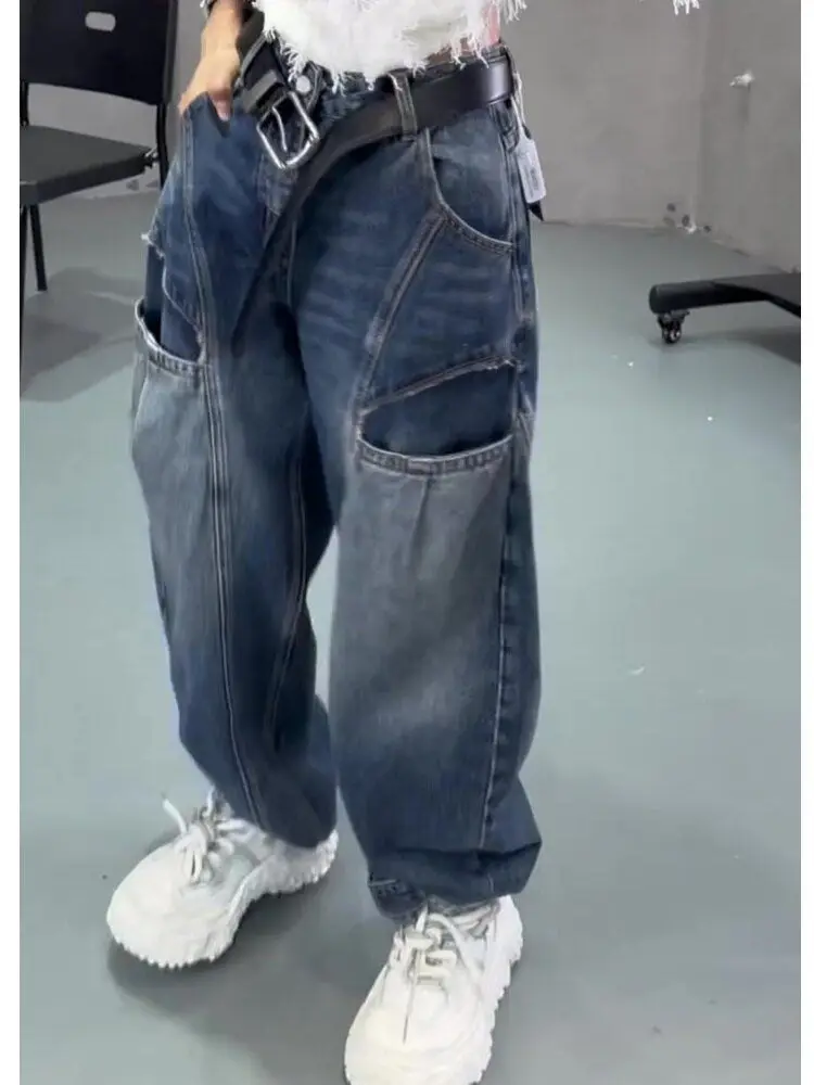 Otoño nuevo retro lavado patchwork jeans mujeres adelgazamiento cintura alta diseño suelto sentido curvo y pantalones de pierna ancha