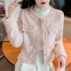 Women Clothing Round Neck Long Sleeves Wool Coat Single-breasted Tweed Jacket Korean Fashion Crop Tops Spring Autumn Outerwear