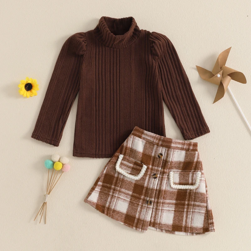 Kids Baby Girl Fall Clothes Outfits Solid Color Mock Neck Long Sleeve Tops and Plaid A-Line Skirts 2PCS Fashion Girls Sets 1-5Y