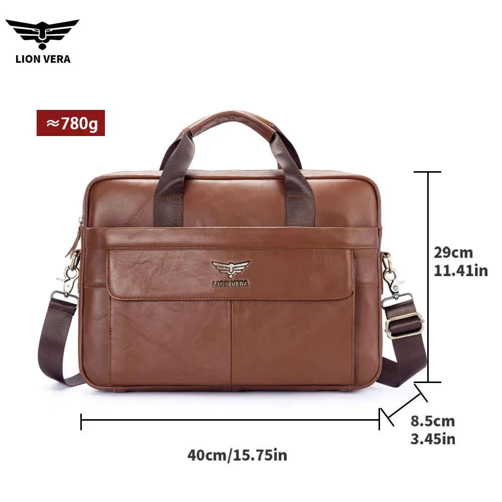 LION VERA Men's Genuine Leather Briefcase Business Commuting Large Capacity Portable Laptop Crossbody Shoulder Travel Bag