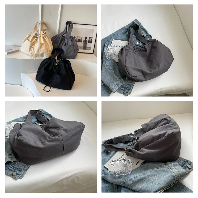 Drawstring Bucket Women's Bag Solid Canvas Shoulder Bag Casual Big Handbag Quality Tote Bag Vintage Sling Bag Y2K Eco Bag Korean