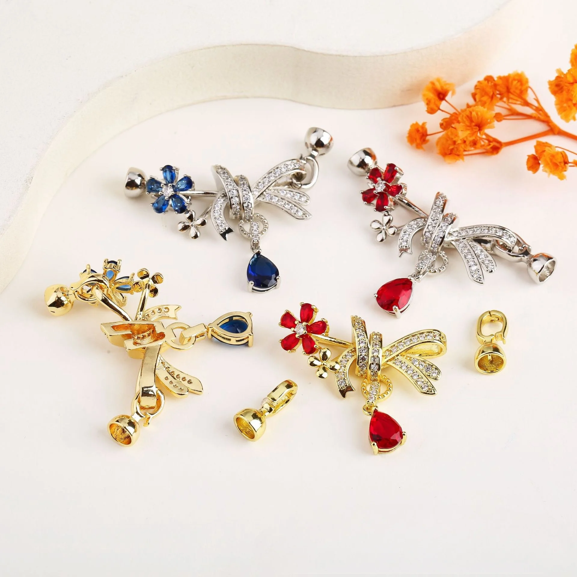 18K Gold-Plated Brass Jewellery Connector Cubic Zircon Ribbon Fastening Lock Deluxe DIY Necklace and Bracelet Making Accessories