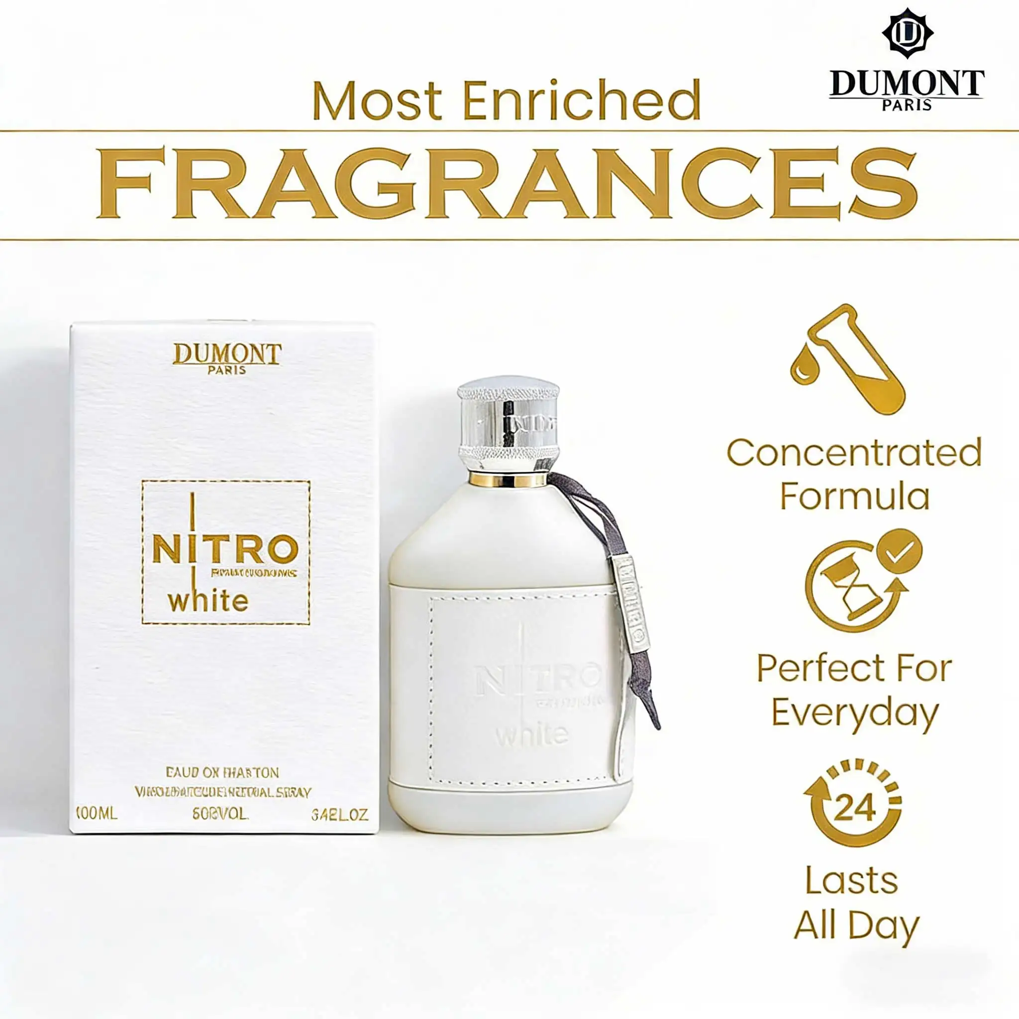 

Nitro White men's perfume, 3.4oz 100ml, wood oriental flavor, bergamot, blackcurrant, pepper and jasmine, musk and vanilla finish, suitable for men who pursue personality and taste, with a lasting fragrance.