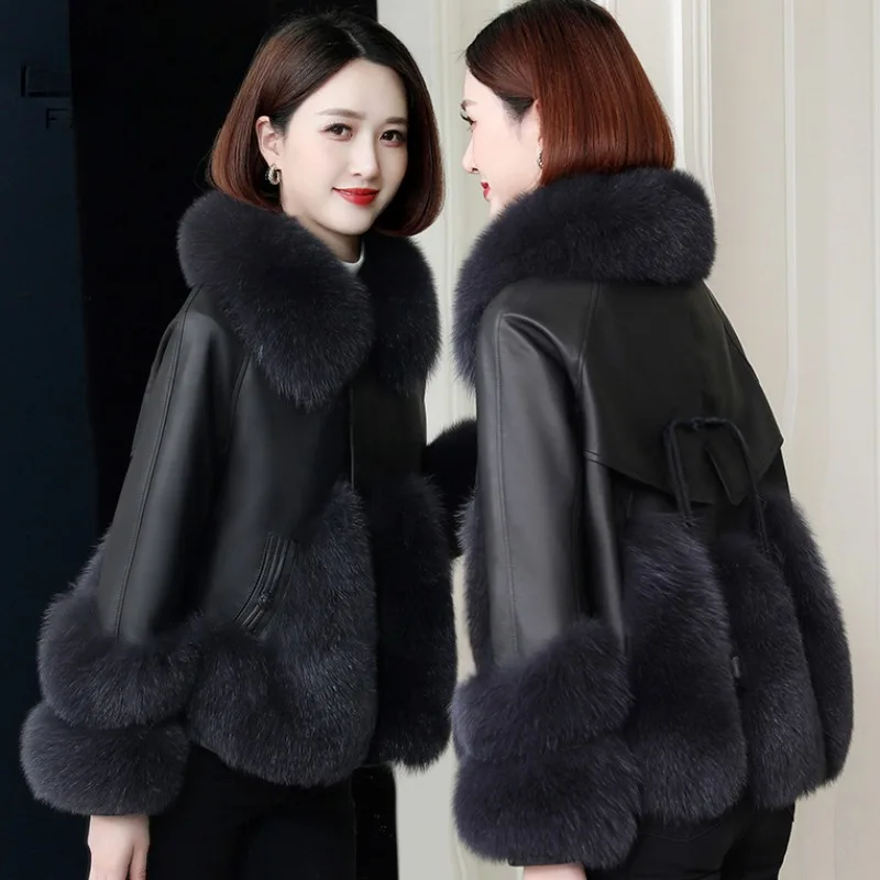 2023 New Fox Fur Coat Women Fashion Loose Short Outwear Female Winter Thicken Keep Warm Outcoat Temperament Casual Fur Jacket