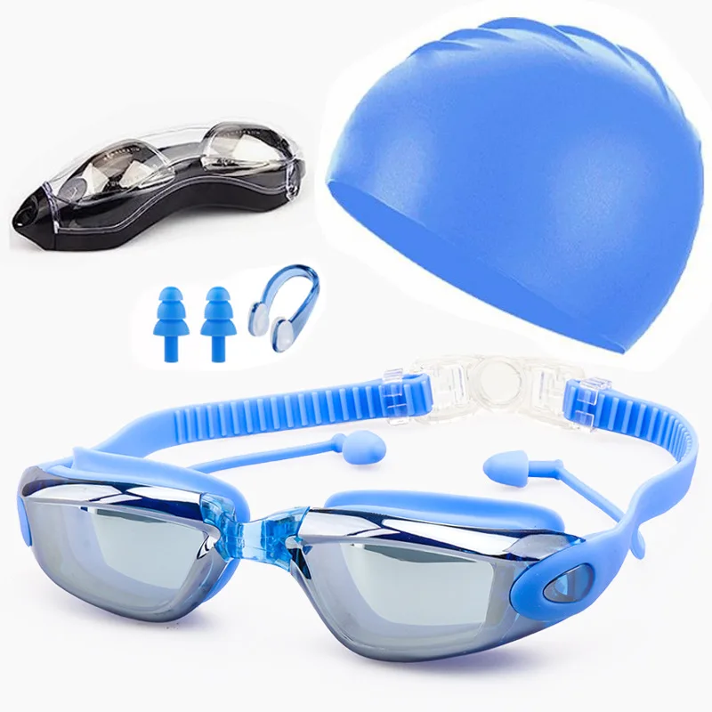 Adult swimming goggles, swimming cap, nose clip, earplugs, silicone anti-fog plating, children's swimming goggles