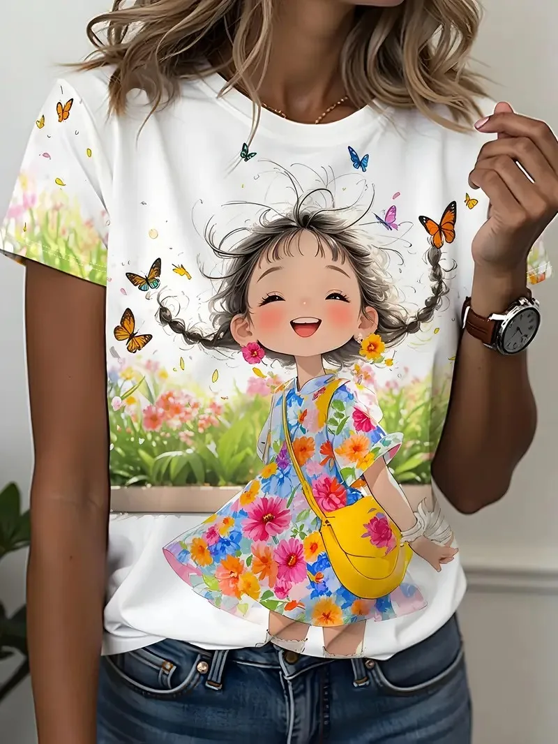 

Fashion little girl printed women's T-shirt tops summer short sleeved pullover street round neck T-shirt women's daily clothing