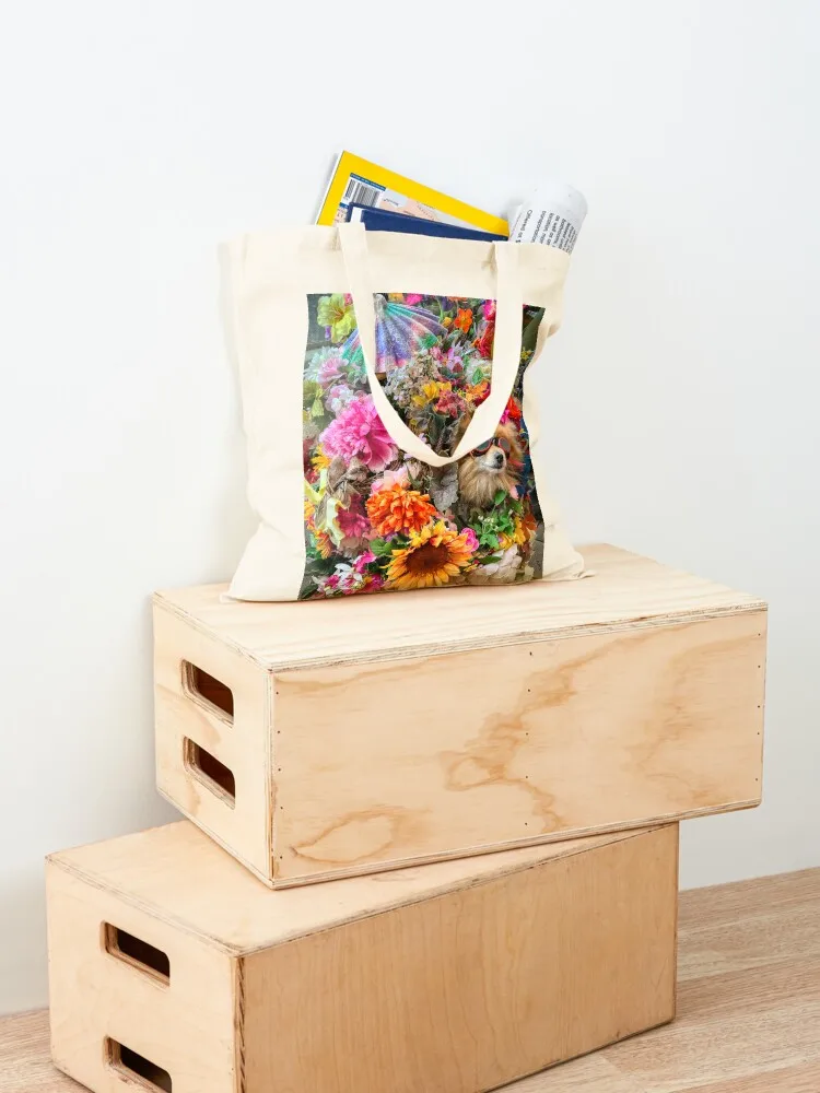 Pomeranian dog in a stroller wearing goggles surrounded by colorful flowers Seattle Tote Bag