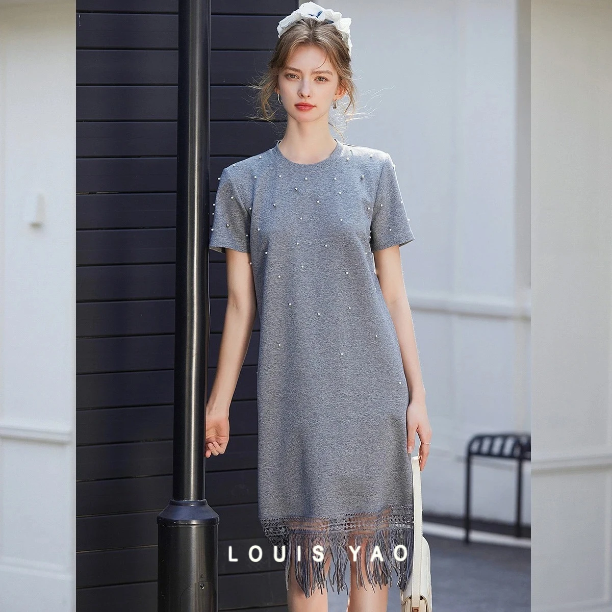 

LOUIS YAO Fringe Bottom Hem Dress 2025 Summer Sweet Round Neck Embroidered Flares Dresses Short-sleeved Women's Dresses