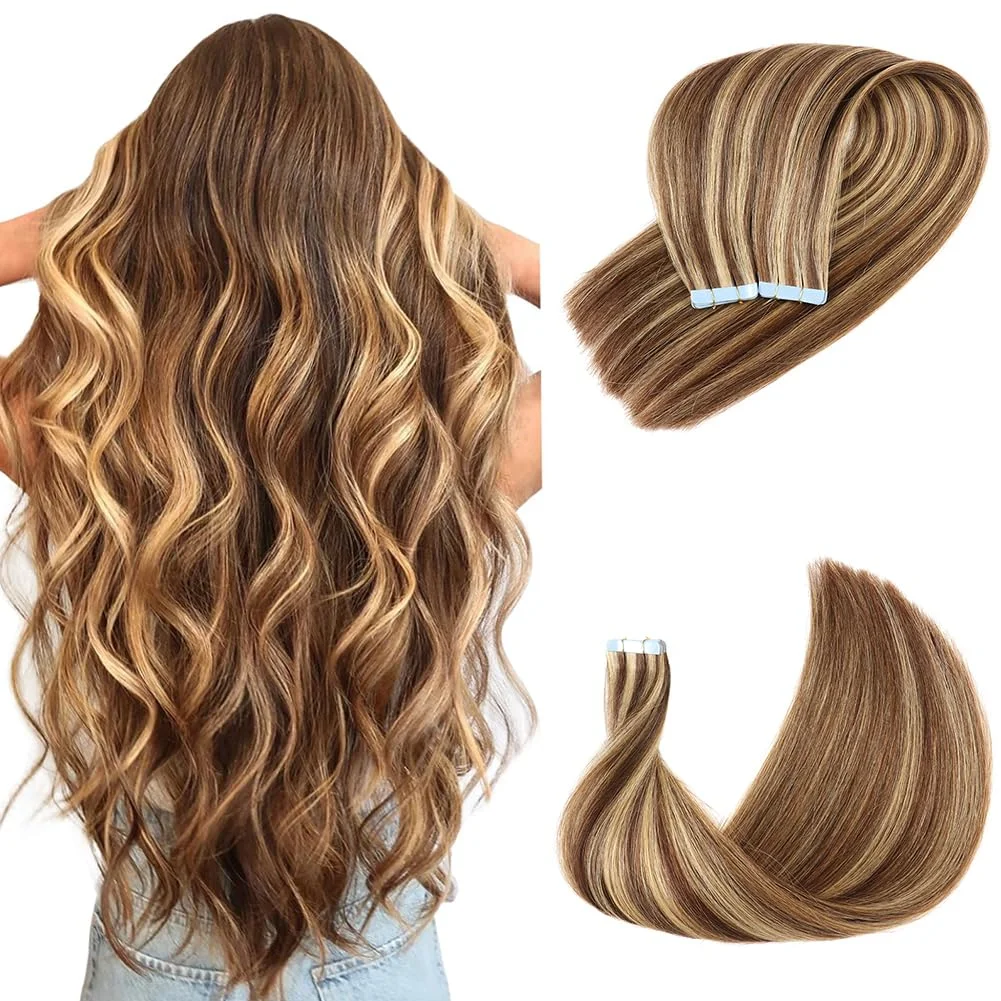 Honey Blonde Highlight Tape In Human Hair Extensions For Women Double Drawn Invisible Silky Straight Balayage Hair 20pcs/Pack