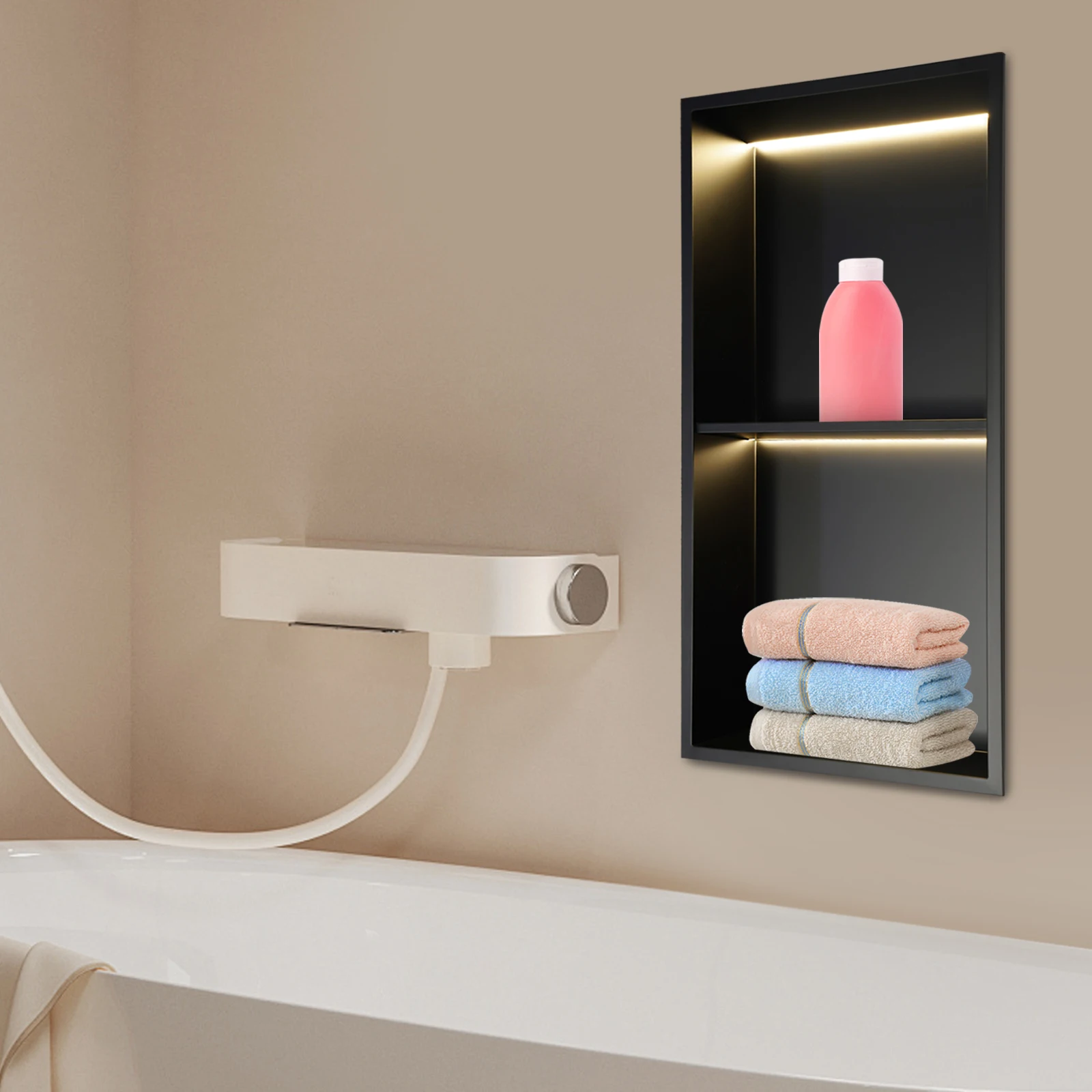 

2-уровневая ниша для душа из нержавеющей стали, 24 Вт, настенная ниша для ванной комнаты с 2 полосками, светодиодная подсветка, водонепроницаемая, 12 В, для ванных комнат, кухонь, туалетов