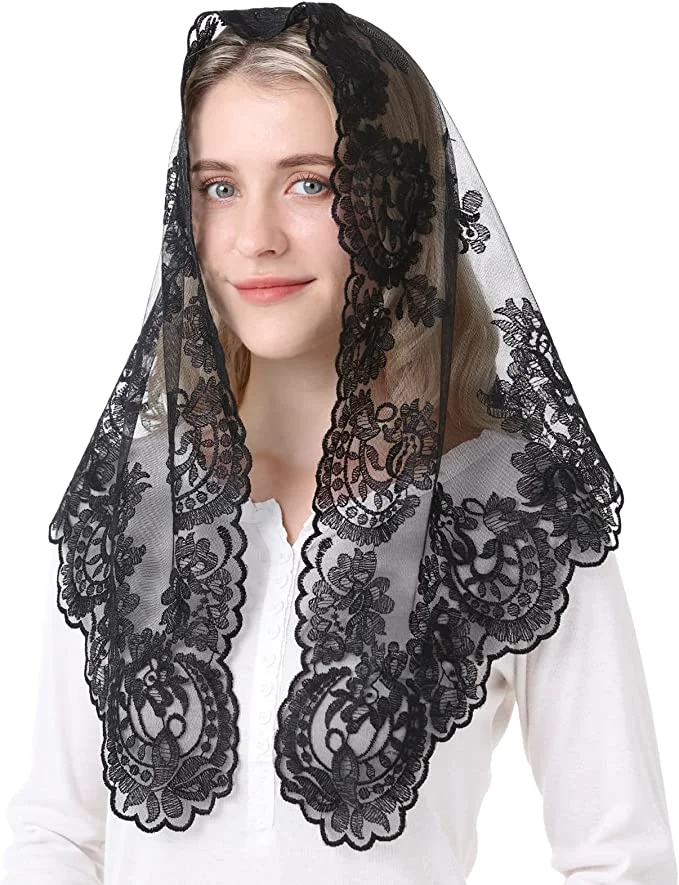 Mantilla de encaje triangular tradicional española para mujer, velo católico de iglesia cristiana