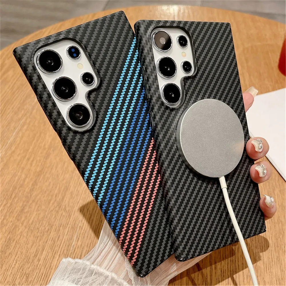 Ultradünne magnetische Hülle mit Carbonfaser-Textur für Samsung S25 S24 S23 S22 Note10 Plus 20 Ultra für MagSafe Wireless Charging Cover – Detail 2