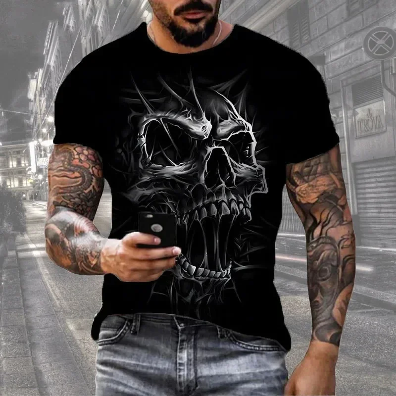 Summer Men's T-shirt with Skull Pattern 3D Printing Fashionable Short Sleeved Street Retro Men's T-shirt Oversized T-shirt image 6