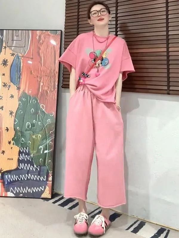 

plus Size 300 Pounds Fat Sister Station Fleece Short Sleeve T-Shirt Casual Set Women Summer Nine Points Pants Two-Piece Set
