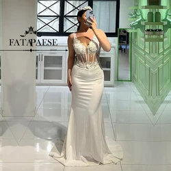 FATAPAESE Simple In Stock Wedding Dress with Sexy V-neck Floral Beadings Bodice with Paddigns Mermaid Skirt Satin Gown for Bride