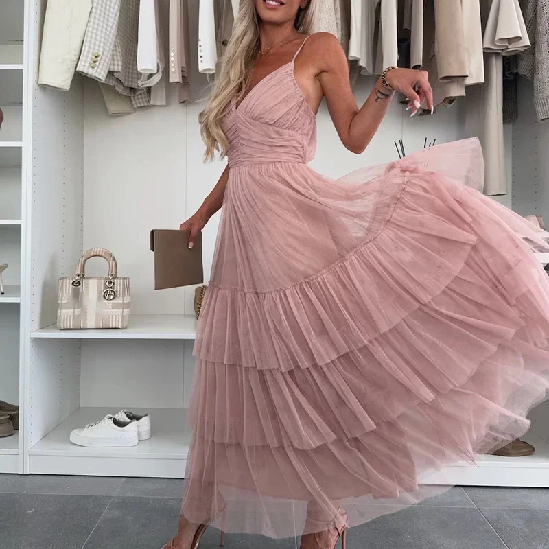 

Cocktail V Collar Solid Party Dress Sexy Swinging High Waist Party Dress Women Elegant Mesh Banquet Ruffles Gala Dresses