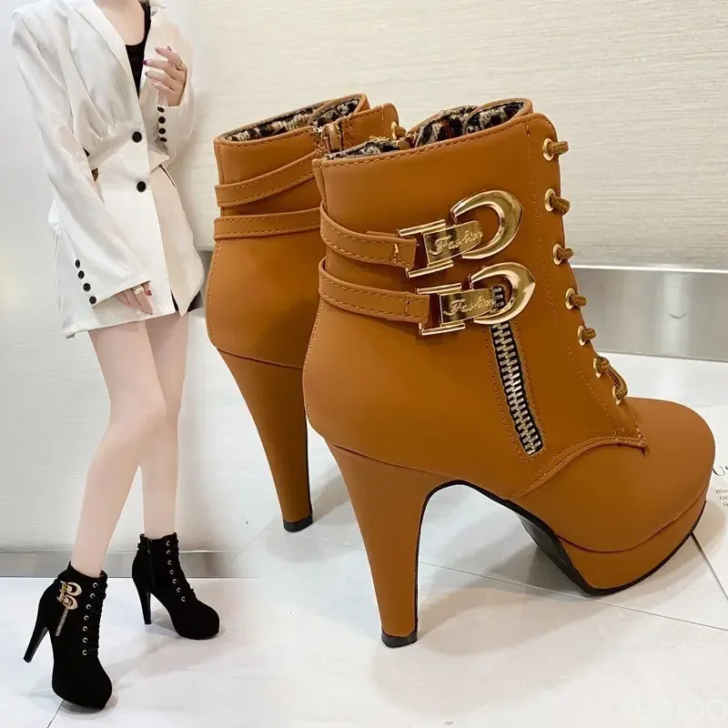 Plus Size Ankle Boots Women Platform High Heels Female Lace Up Shoes Buckle Short Boot Casual Ladies Footwear Drop