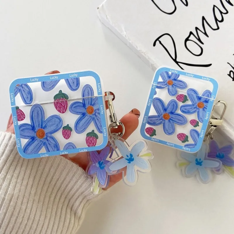 Blue Flower Design Case For Airpods Pro2nd  Soft TPU Bluetooth Shell For Apple Airpods 3 2 1 With Flower Keychain Cases 