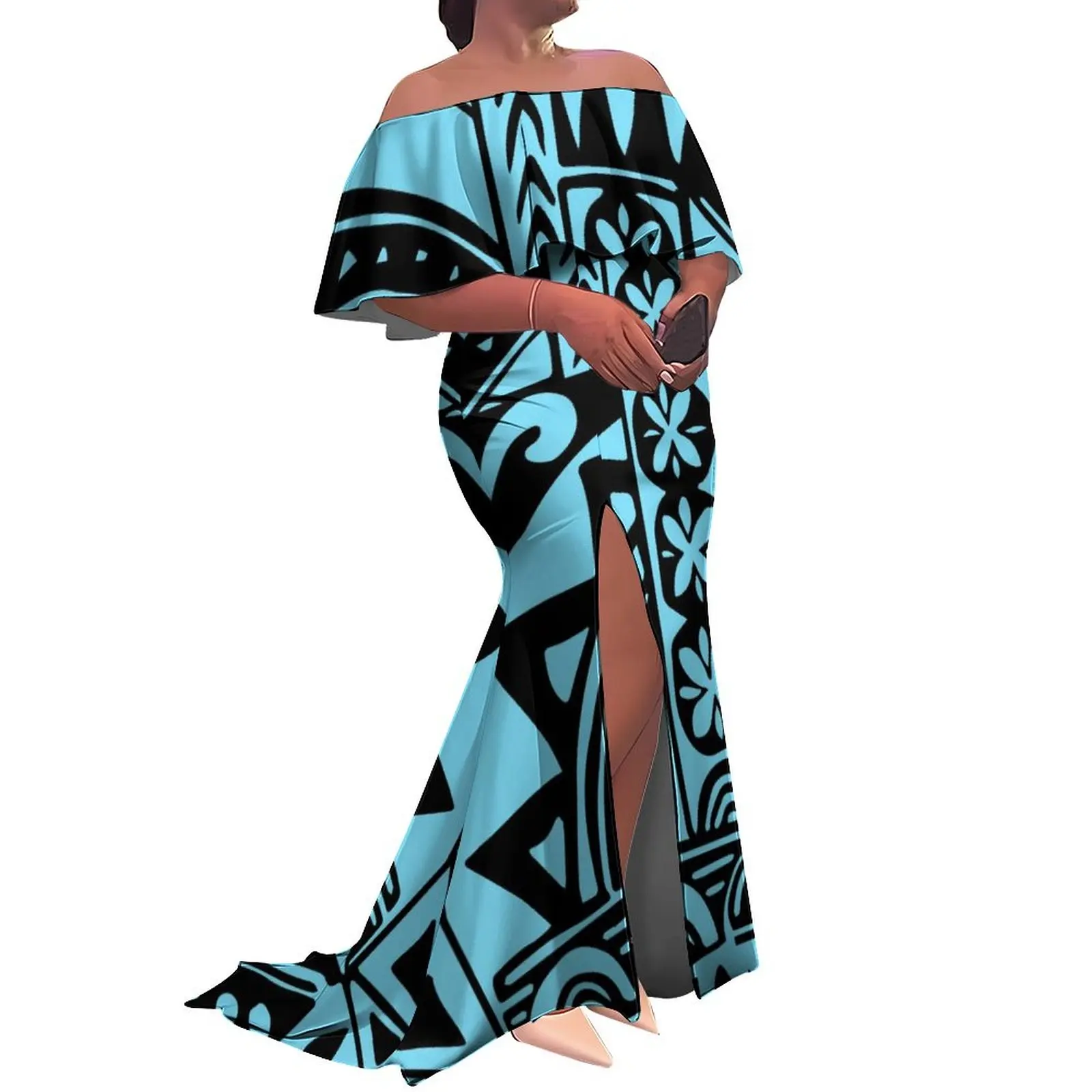 Livre de impostos logotipo personalizado senhoras fishtail vestido de noite polinésia babado fora do ombro divisão sereia longo maxi vestido da nova zelândia