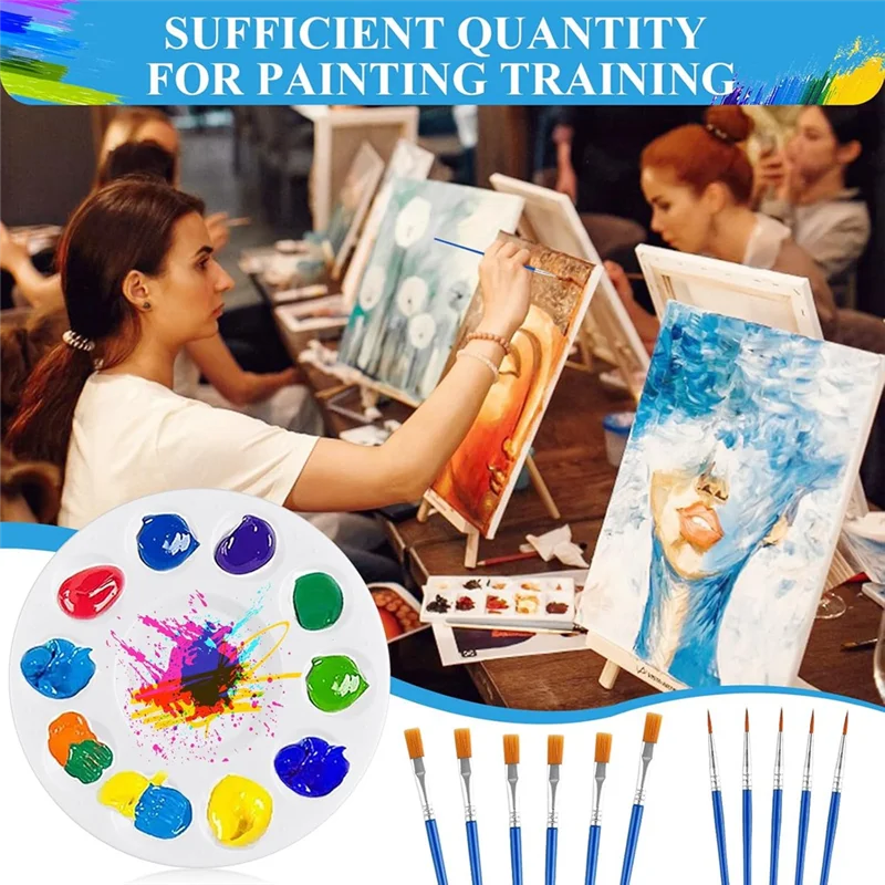 Conjunto de paletas de pincéis de pintura de 150 peças, incluindo 100 peças de pincel de pintura de nylon e 50 peças de paleta de bandeja de pintura de plástico redonda-ABGL