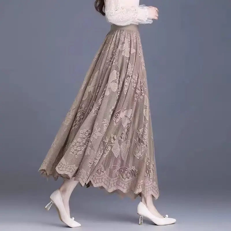 Women's Elegant Beige Lace Maxi Skirt High Waist Flowy Ruffled Hem A-line Long Skirt Casual Party Daily Wear