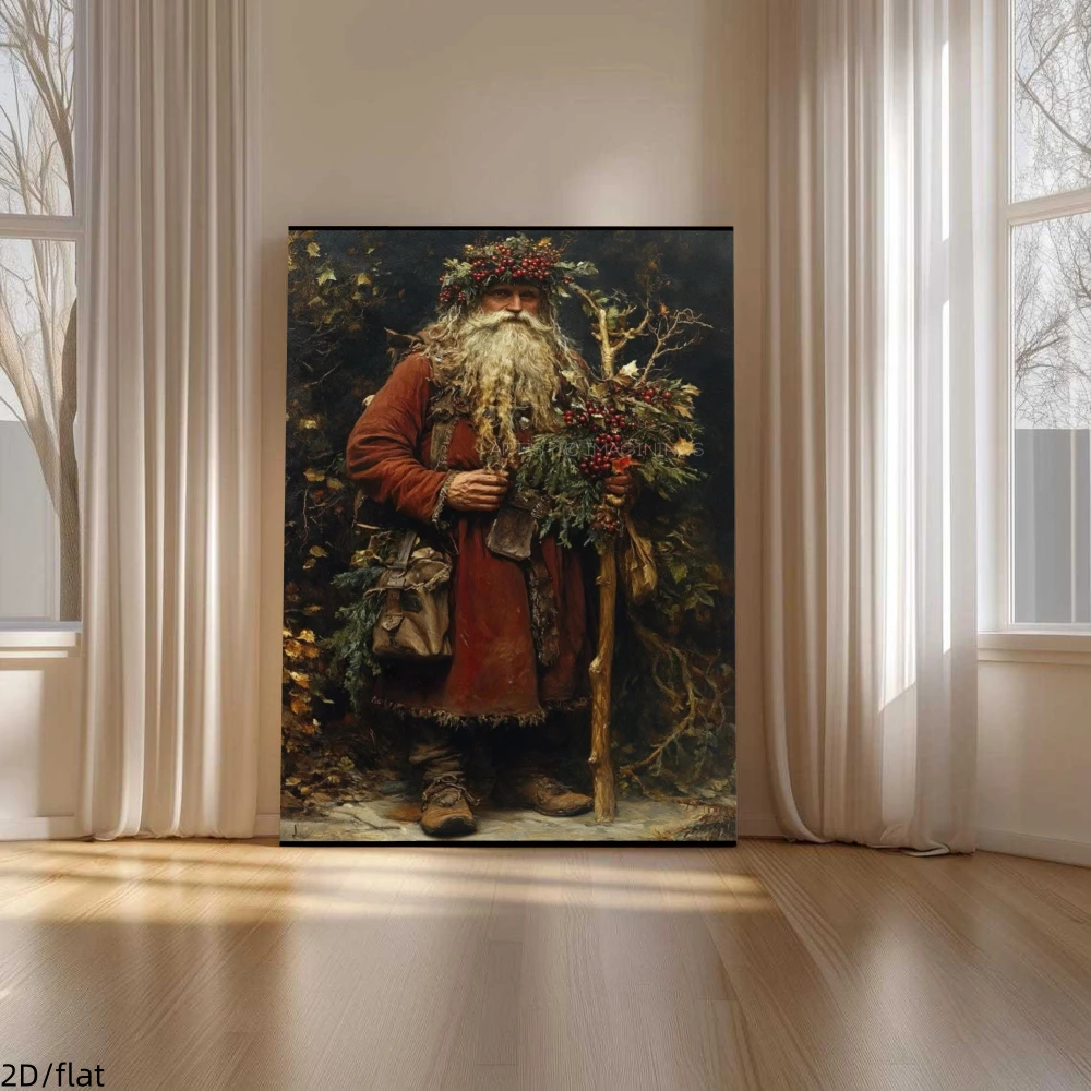 Christmas Framed Wall Red Canvas Print of Long‑beard Santa with Flower Wall Art for Living Room Bedroom Holiday Gift