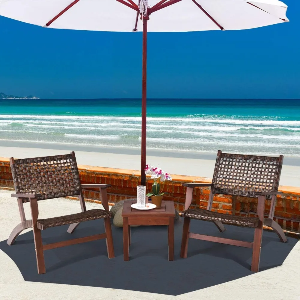 3 PCS Patio Conversation Set, Solid Eucalyptus Wood Frame Outdoor Wicker Furniture Set Bistro Set with Coffee Table,