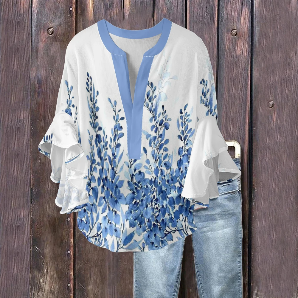 Blusa de crepé de burbujas rosa para mujer, estampado Floral y geométrico, elegante cuello en V, manga acampanada con volantes, camisas Vintage Retro de verano