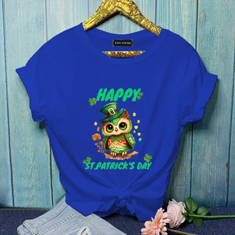 Short Sleeve T Shirt HAPPY St. Patrick's Day Casual T-Shirt Cute Cartoon Owl Women's Round Neck Top Creative Graphic Printed Tee