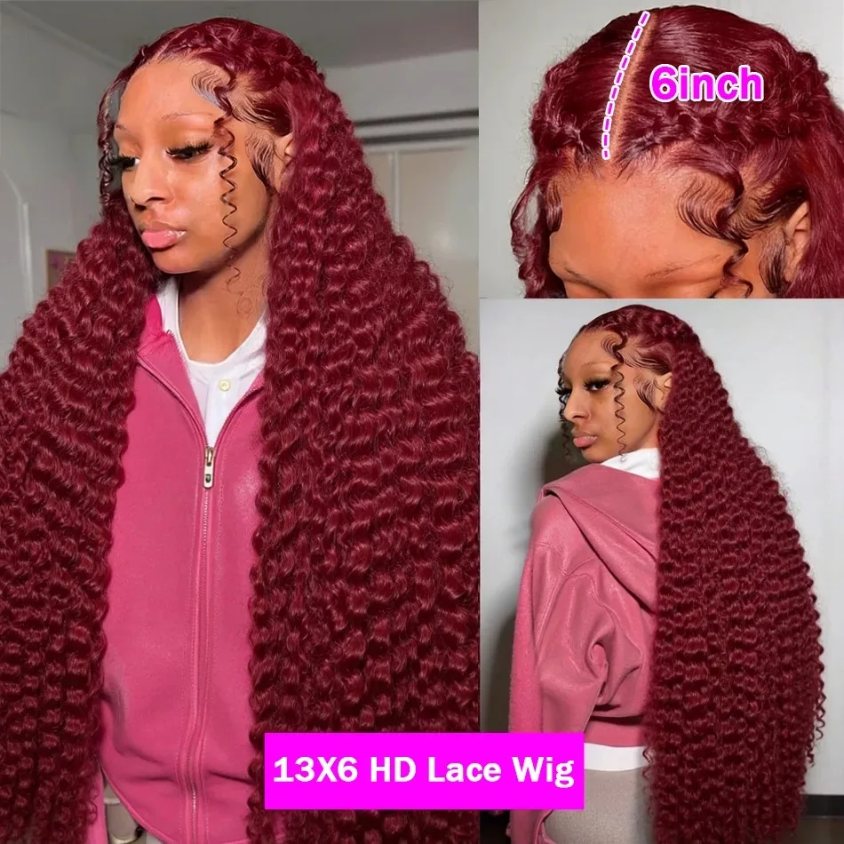 36 24Inch Burgundy 13x6 hd Lace Frontal Wig Deep Wave Curly 13x4 Red Remy Human Hair Brazilian 99J Colored Hair Wigs for Women image 2