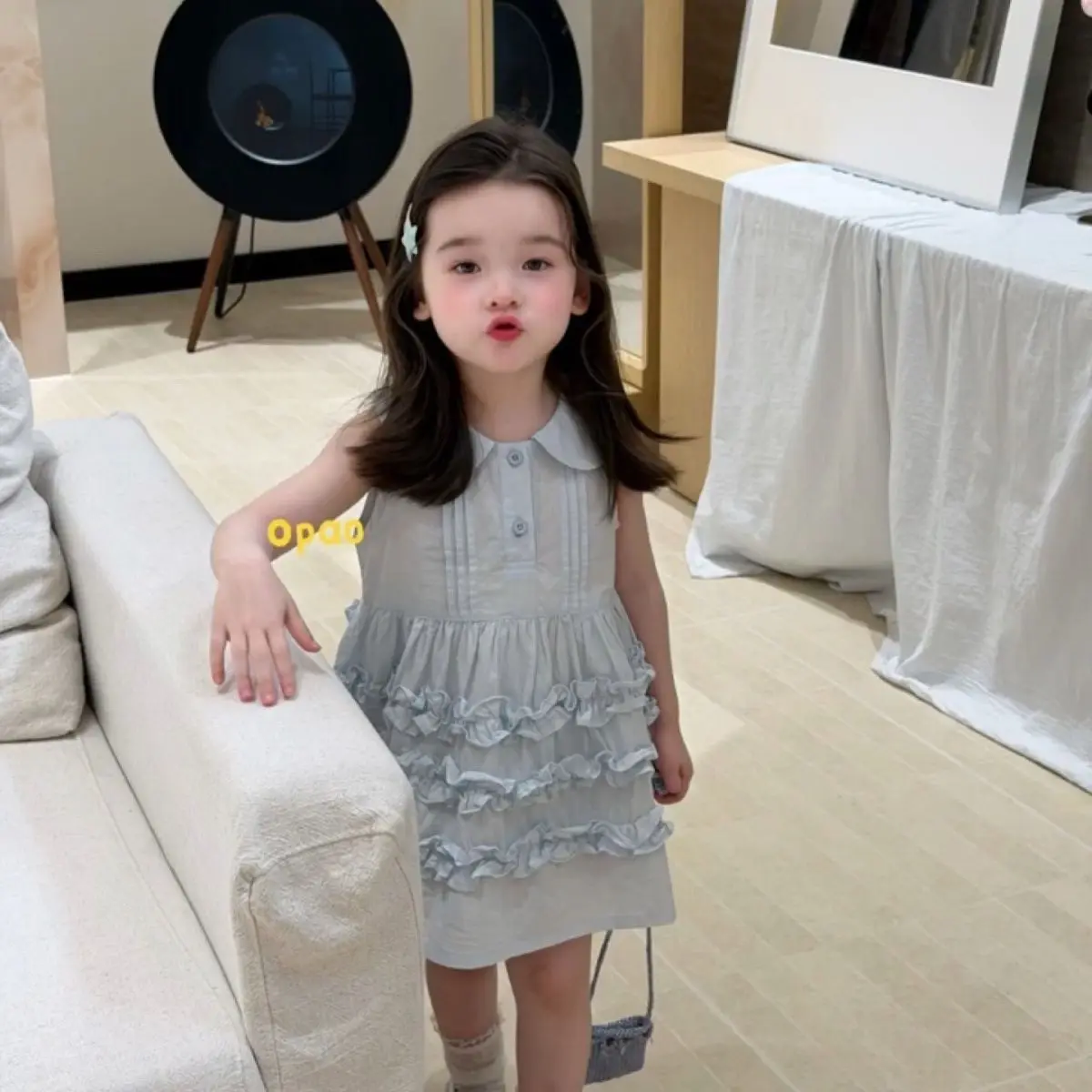 Baby Girls Elegant Light Blue Tiered Sundress Peter Pan Collar with Layered Ruffles,fashion Sweet Summer Outfit for Little Girls