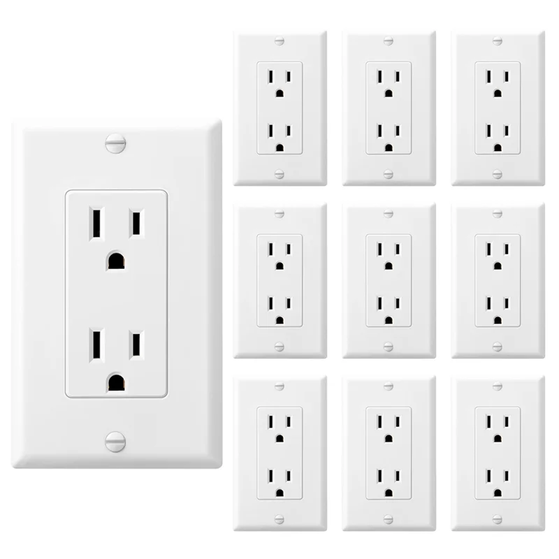 LLCS-10 Pack Tamper-Resistant Electrical Outlet Decorator Receptacle Outlet With Wall Plate, 15A 125V, Self-Grounding