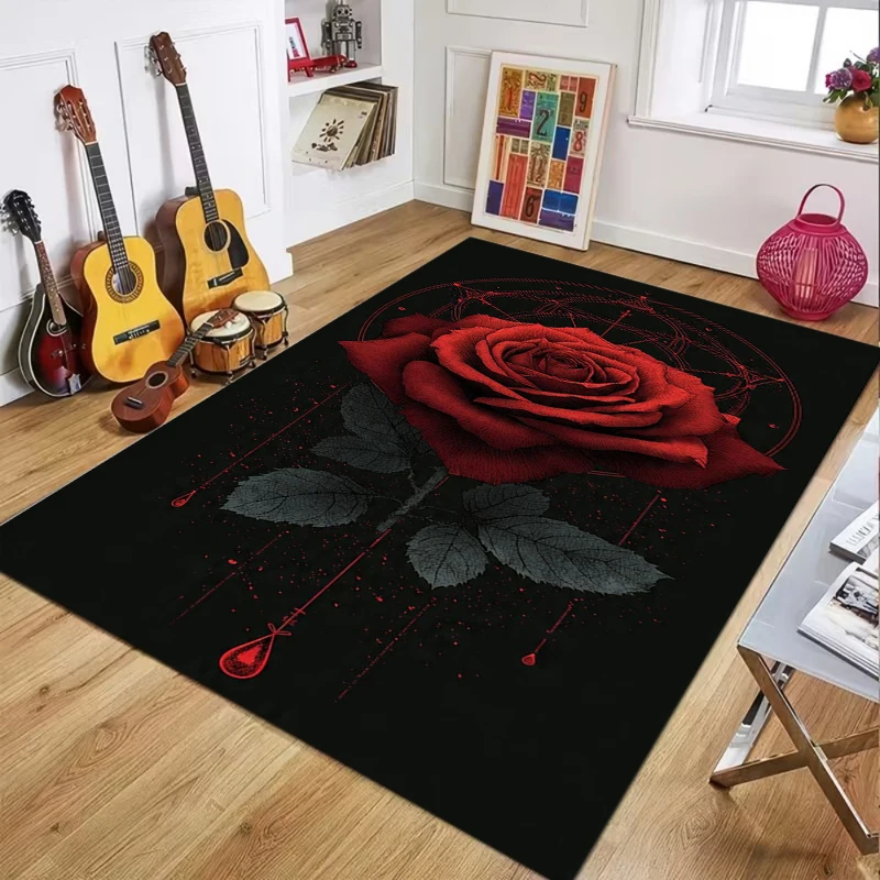 2D Dark Rose Area Rug Gothic Red Flower Pattern Carpet for Living Room Decor Soft Non Slip Floor Mat Living Room Decoration