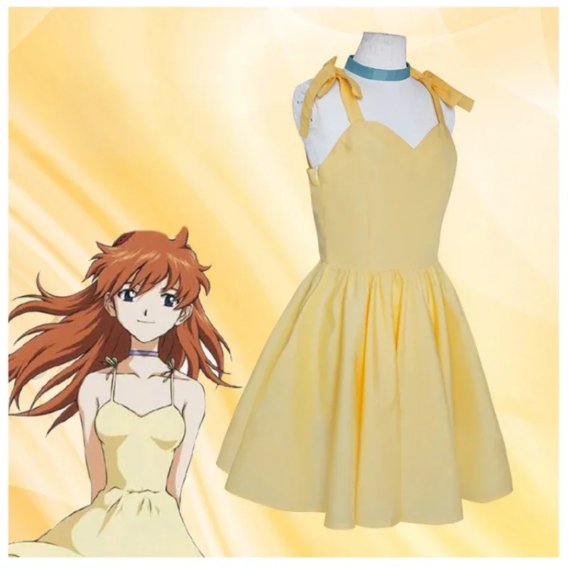 

Anime Shinseiki Evangerion Cosplay Asuka Langley Soryu Yellow Slip Dress Srappy Summer Cool Fashion Outfits Novelty Costumes