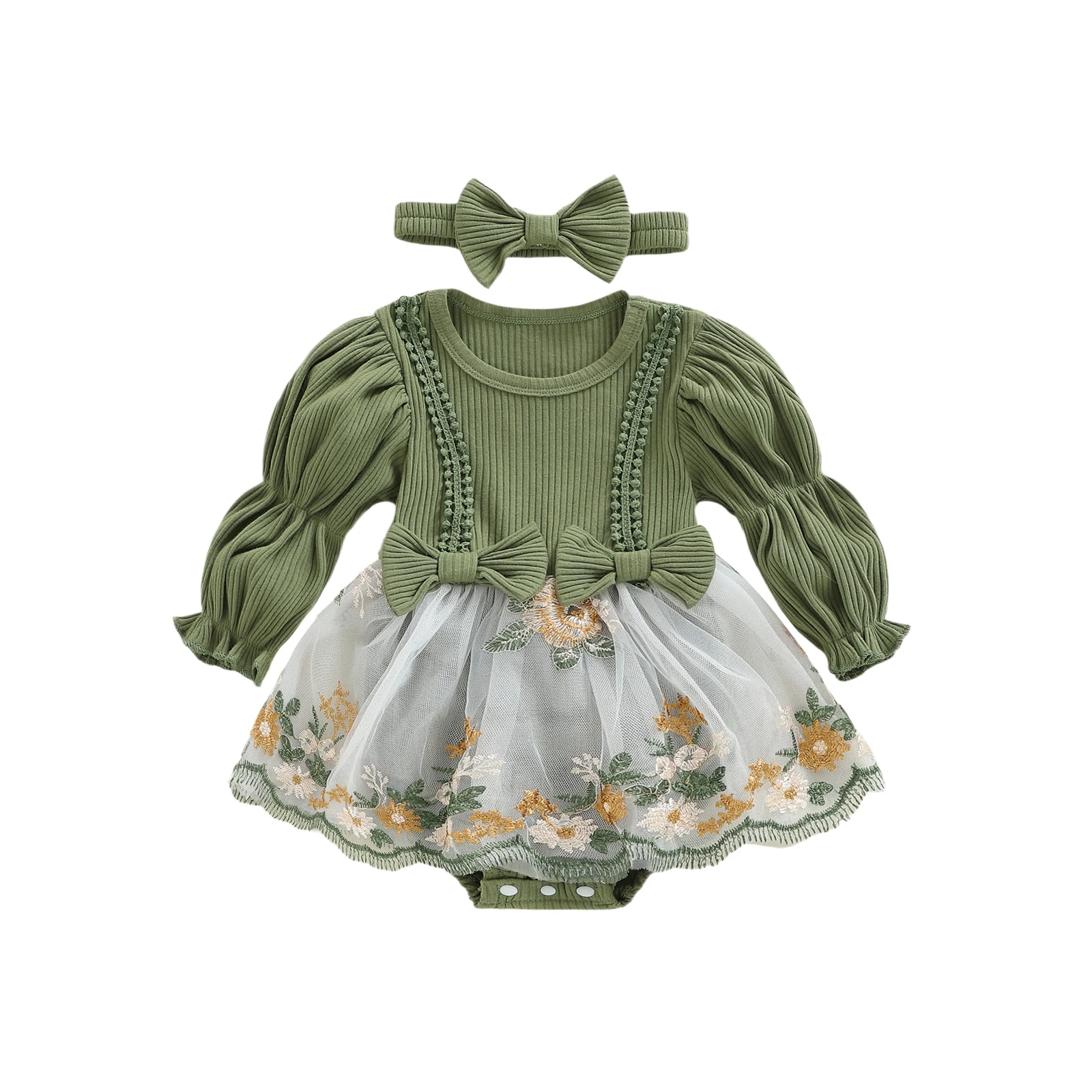 

Наряд для новорожденных девочек, комбинезон трапециевидной формы с длинными рукавами и круглым вырезом с вышивкой и цветочной вышивкой, одежда с повязкой на голову с бантом