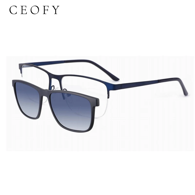 Ceofy Men Half rim Glasses Frame Clip on Brand Designer Optical Myopia Polarized Sunglasses Prescription Metal Eyeglasses