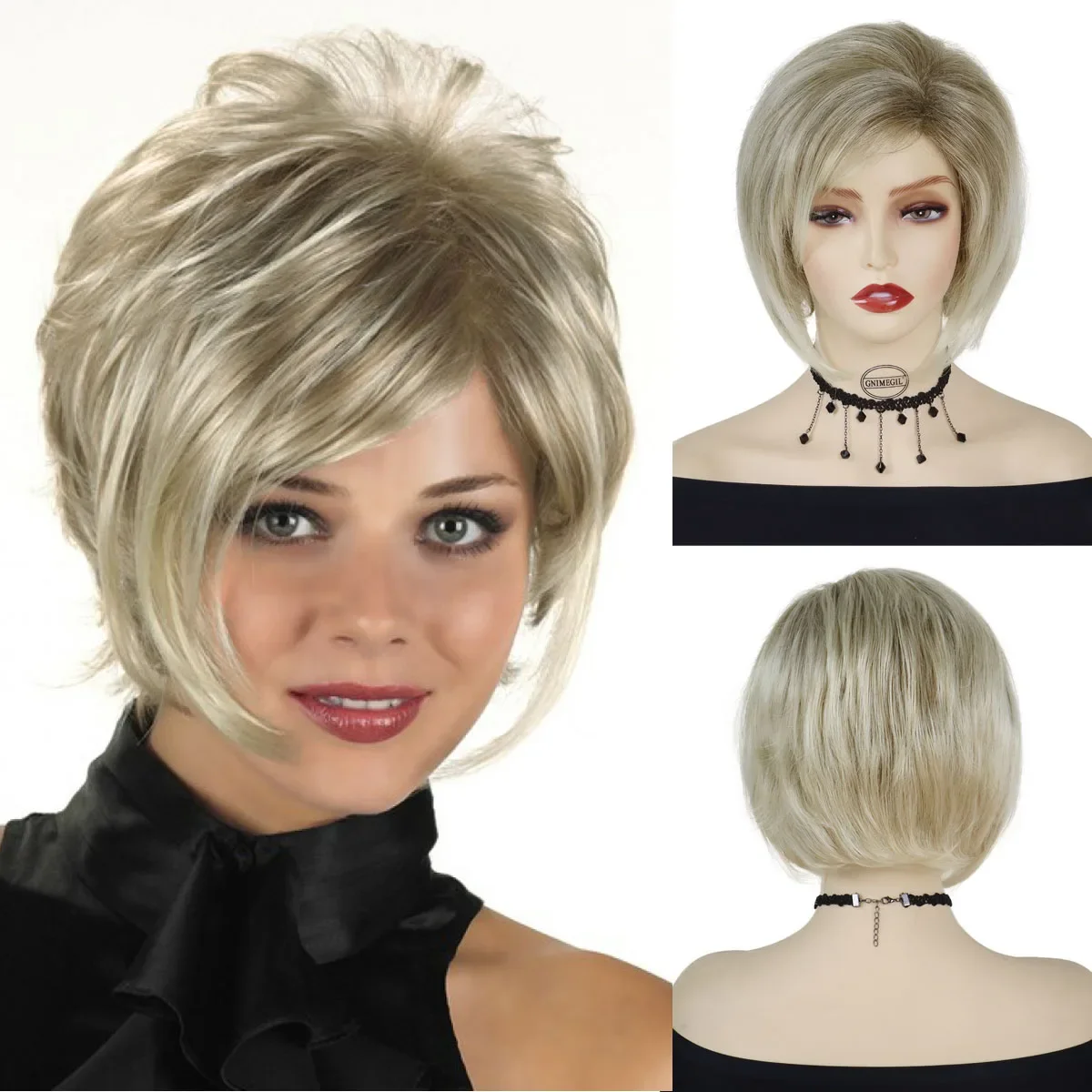 

Synthetic Mixed Blonde Wig with Bangs Short Wigs for Women Natural Straight Hair Soft Bob Wig Old Ladies Daily Cosplay Lolita